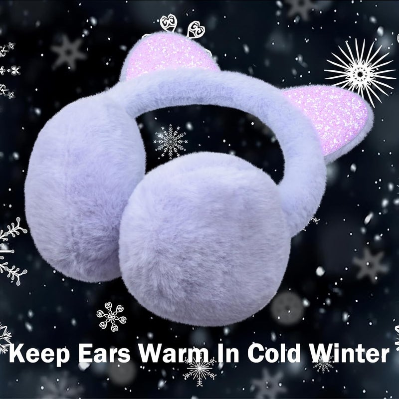 EDCYF Ear Muffs Gloves Set for Kids Girls Winter Ear Muffs Adjustable Sequins Warm Earmuffs Furry Outdoor - Image 5